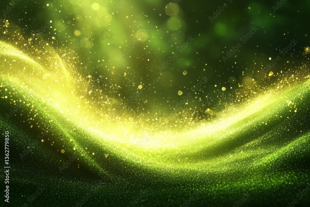 Poster vibrant green and gold light particles create a magical effect in a mystical landscape during a sere