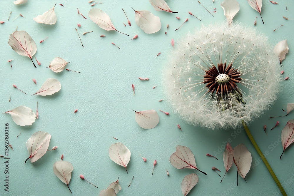 Poster dandelion surrounded by delicate flower petals on a soft blue surface during springtime
