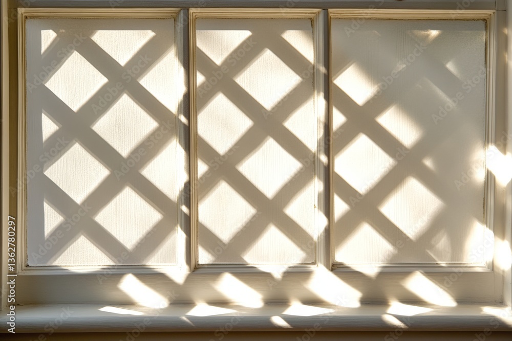Poster Natural light creates intricate shadow patterns on a window with lattice design during the afternoon