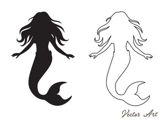 Mermaid silhouette, Ocean mermaid tail, underwater shells and starfish vector illustration