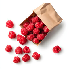 Overhead shot of fresh raspberries spilling from elegant compostable paper pouch on white background showcasing vibrant colors and food packaging design