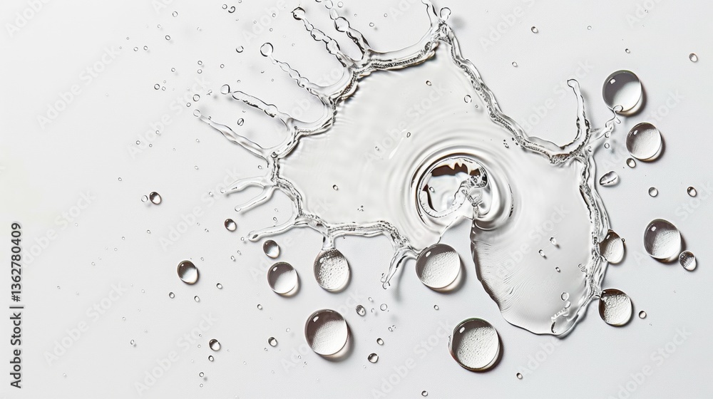 Poster water splash with droplets creating unique shapes on a background
