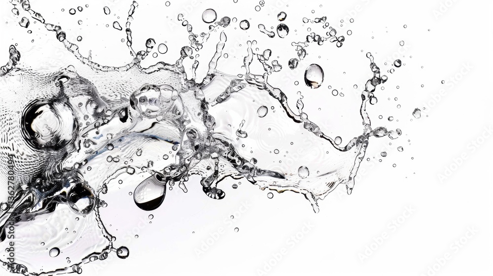 Poster dynamic splash of clear water with bubbles and drips on white background