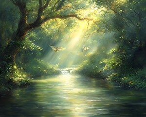 Sunlight Illuminates A Forest Stream With Soaring Birds In Its Beauty