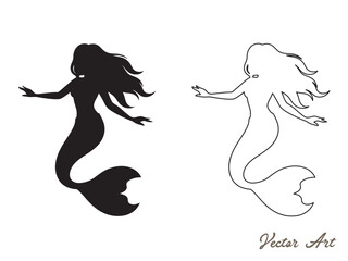 Mermaid silhouette, Ocean mermaid tail, underwater shells and starfish vector illustration