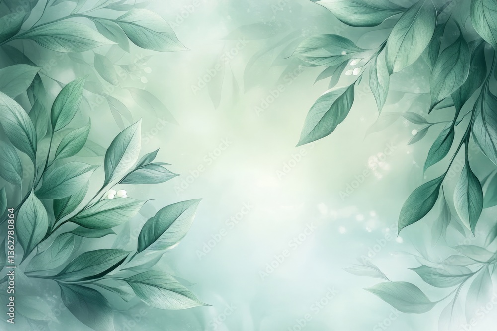 Aufkleber Lush green leaves create a serene atmosphere with soft light filtering through fog in a tranquil forest setting