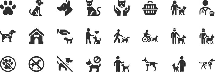Pet, service animal icon set. Vector glyph pictograms of dog, cat, paw print, carrier, veterinary care, adoption, training black silhouette illustration.