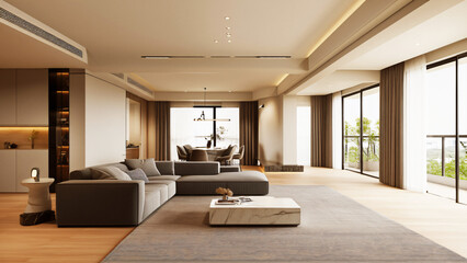 Luxury home living room design features contemporary furniture and a fireplace