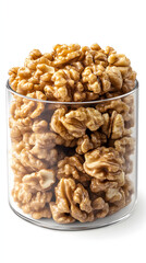 Gourmet Caramelized Walnuts Overflowing from a Transparent Cylindrical Jar Perfect for Snacks Desserts and Culinary Delights in a Captivating Display