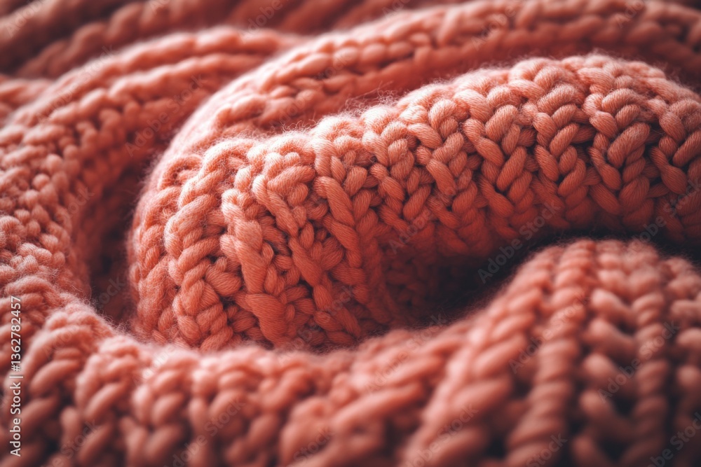Poster cozy hand-knit blanket in warm coral tones displayed on a soft surface during the afternoon light