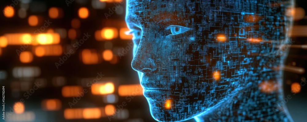 Poster a futuristic, digital representation of a humanoid face, illuminated with blue circuitry patterns ag