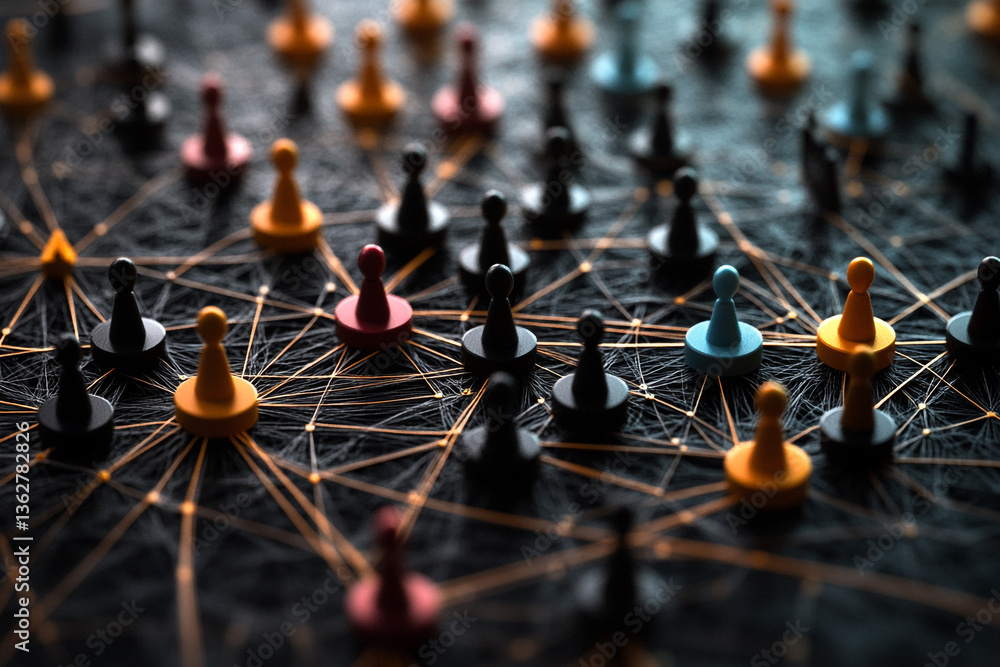 Poster a network of colorful pawn figures interconnected with lines on a dark surface creating a complex we