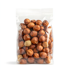 Premium Vacuum-Sealed Hazelnuts in Clear Resealable Pouch Showcasing Rich Brown Color and Smooth Texture on White Background for Health Snacks
