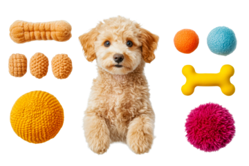 Cute dog surrounded by colorful toys on a transparent background