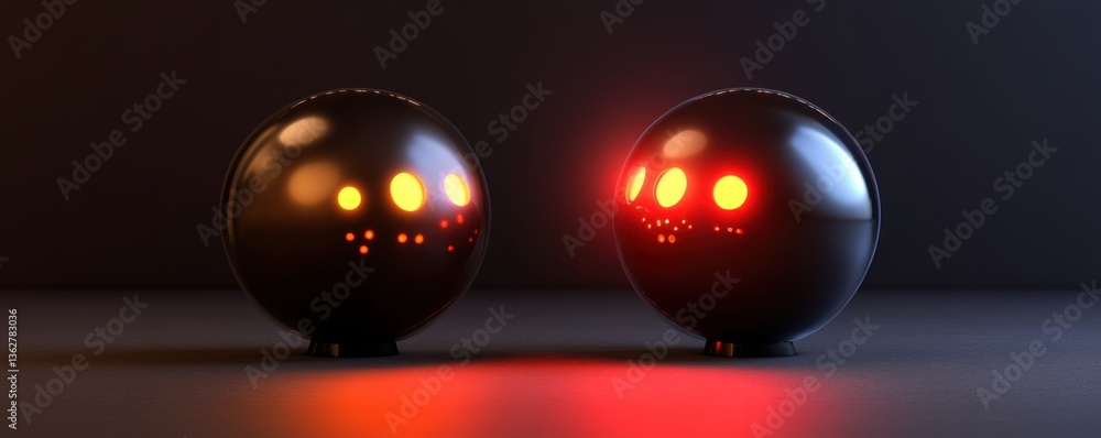 Poster two glossy black spheres with glowing patterns, set against a dark background, creating a futuristic