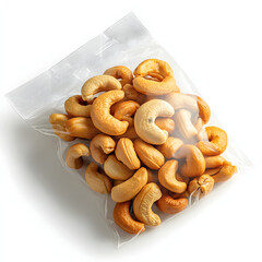 Resealable matte plastic pouch with delicious roasted cashews showcased against a clean white background for snack and food packaging imagery use