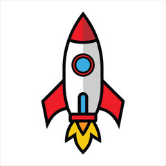 Cartoon Rocket Icon, Simple Colorful Spacecraft Illustration with Red Fins and Flame, Startup, Innovation, and Space Exploration Concept
