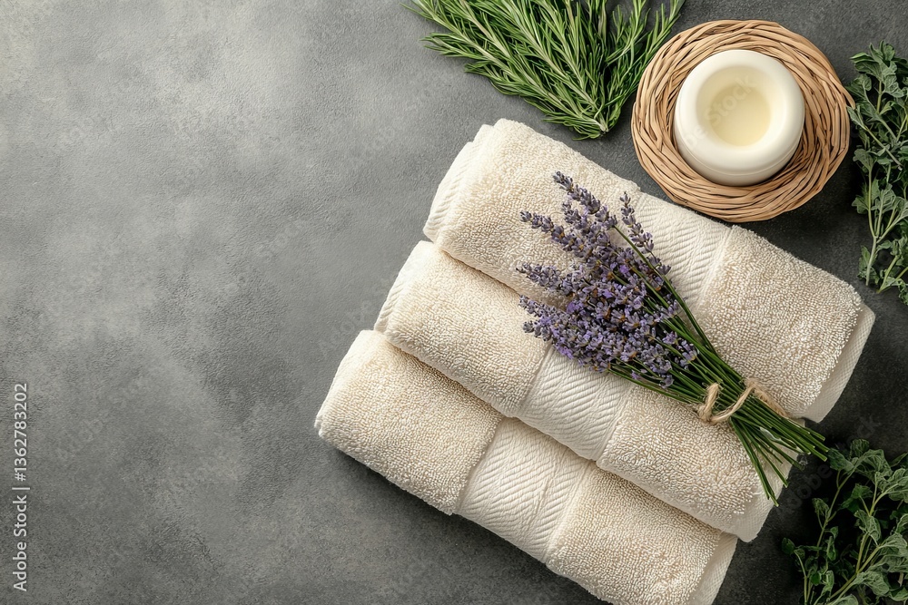 Poster soft towels arranged with lavender and herbs, enhancing a calming spa atmosphere in a serene setting