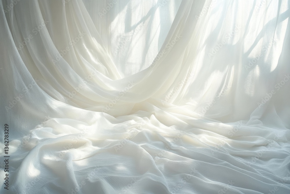 Poster soft white fabric gently draping with light casting delicate shadows, creating an ethereal atmospher