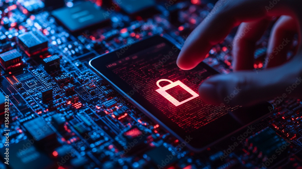 Aufkleber hand touching a phone with a red lock icon on a circuit board in a blue and red light setting