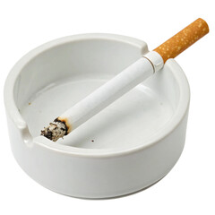 A Single Partially Smoked Cigarette in a White Ceramic Ashtray on a Black Background