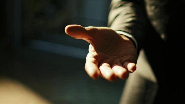 Close-up of an outstretched hand in a dimly lit setting, suggesting an offer or invitation. Captured from a low angle, cinematic video style.