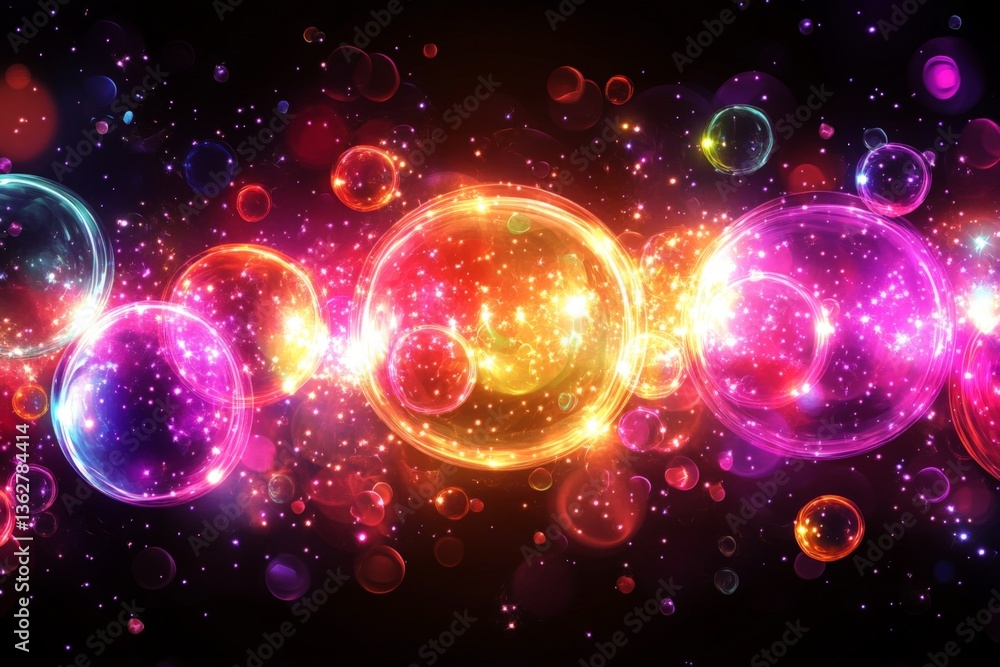 Poster Colorful bubbles sparkle against a dark background creating a mesmerizing abstract display