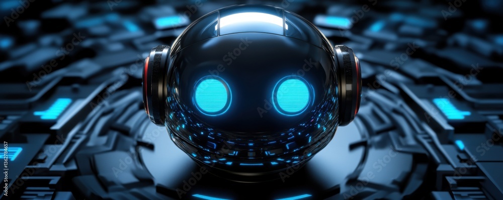 Poster a futuristic robot with glowing blue eyes sits centered on a high-tech background, showcasing advanc