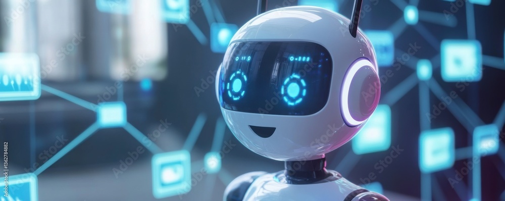 Poster a futuristic robot with glowing eyes and a friendly expression, surrounded by digital connections, s