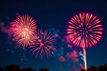 Fireworks exploding in the night sky with vibrant colors and patterns , explosions, sparkles