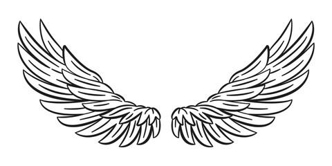 Angel Wings. Wings for t-shirt, holiday backdrop, logo, greeting, invitation cards, coloring page, engraving, laser cutting, tattoo. Flat vector illustration