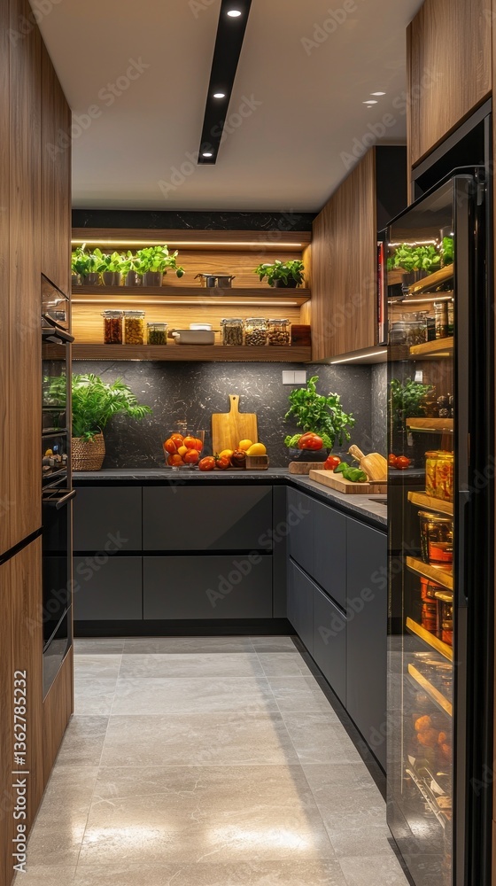 Aufkleber bright and inviting kitchen features an array of fresh vegetables and fruits on a sleek countertop. 