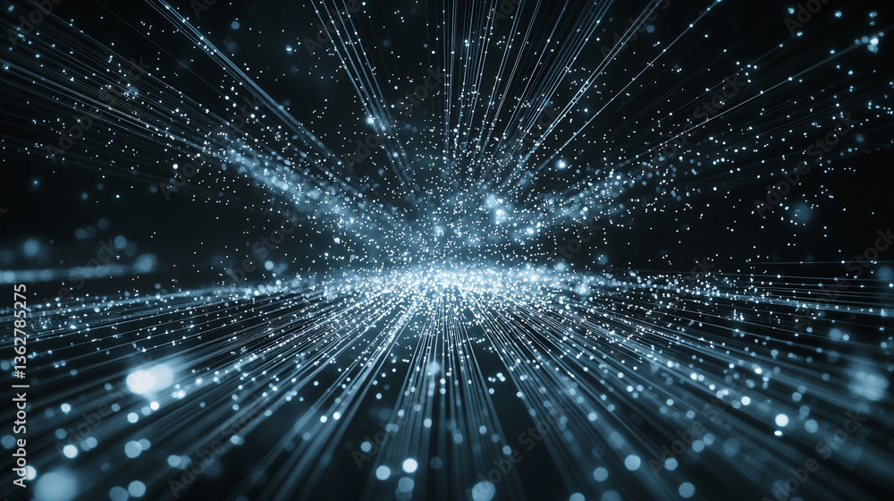 Poster abstract depiction of light streams and particles emanating from a central point in dark space
