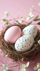 Obraz premium Delicate pink speckled eggs rest in a rustic nest, enveloped by the vibrant blooms of spring blossoms