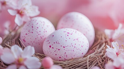 Pink Eggs Rest in a Nest with Floral Decorations as Part of the Springtime Celebration