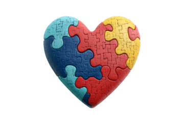 Colorful heart shaped puzzle piece arranged on transparent background