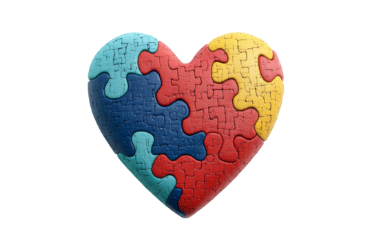 Colorful heart shaped puzzle piece arranged on transparent background