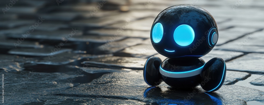 Poster a small, futuristic robot with glowing blue features sits on a textured surface, exuding a friendly 