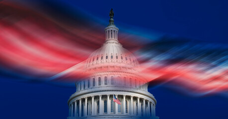 United States Capitol building and blurred American flag against blue sky