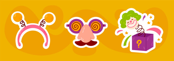 Collection of vector prank icons for April Fool’s Day. Colorful stickers with funny disguises, joke items, and accessories for celebration. © vicktoriabbk