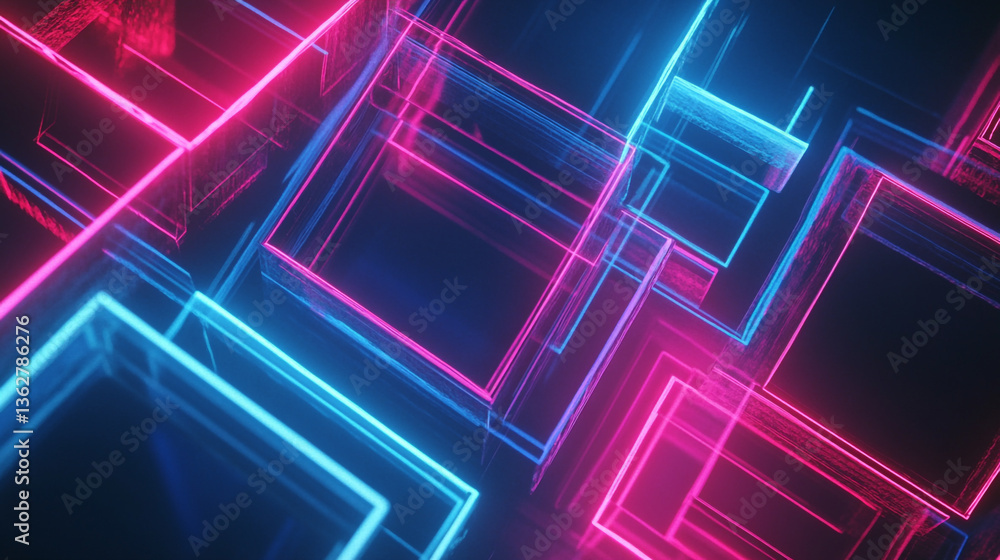 Poster abstract neon squares in pink and blue create a futuristic and geometric background design element