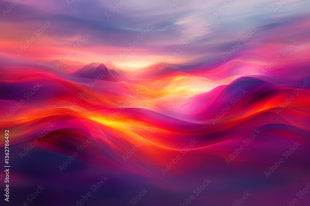 Poster colorful abstract landscape at dusk showcasing vibrant hues and flowing forms in a dreamlike setting