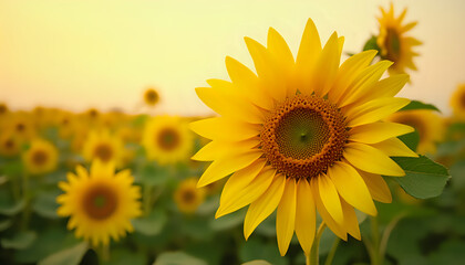 a field of sunflowers at sunset