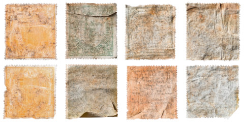 Collection of vintage postage stamps showcasing worn edges and faded designs from different countries and decades