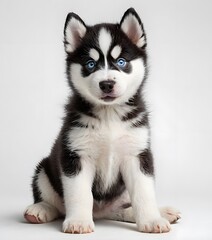 Obraz premium Adorable Siberian Husky Puppy with Blue Eyes on White Background