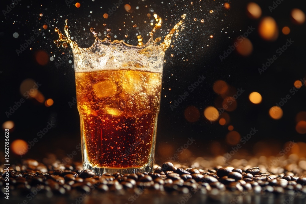 Poster refreshing drink splashes in a glass surrounded by coffee beans on a dark background