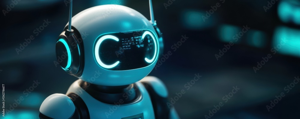 Poster a futuristic robot with glowing features stands in a dimly lit environment, showcasing advanced tech