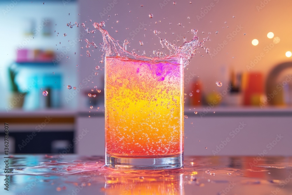 Poster bright and colorful beverage splashing in a glass on a table in a modern kitchen with warm lighting