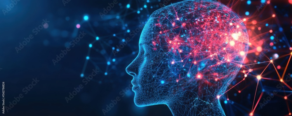 Poster a digital representation of a human head, outlined with vibrant connections and nodes, symbolizing n