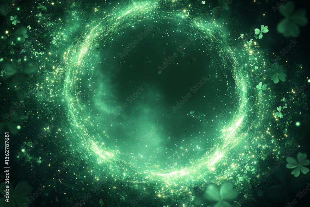 Aufkleber Green glowing circular pattern with shimmering stars and shamrocks creating a mystical atmosphere for festive celebrations